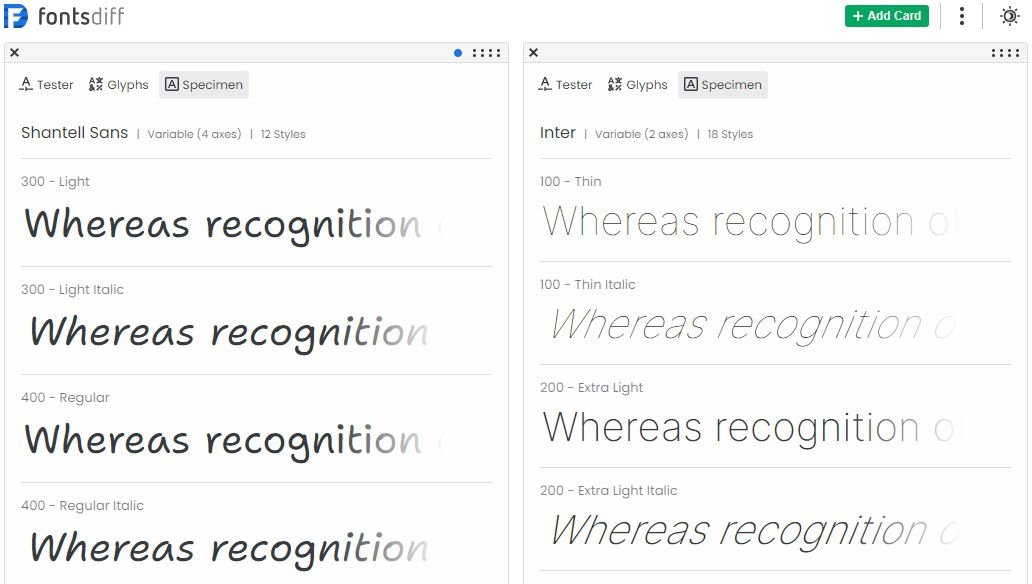 Screenshot of Fontsdiff.com's Google Fonts Tester interface showcasing font specimens comparison.